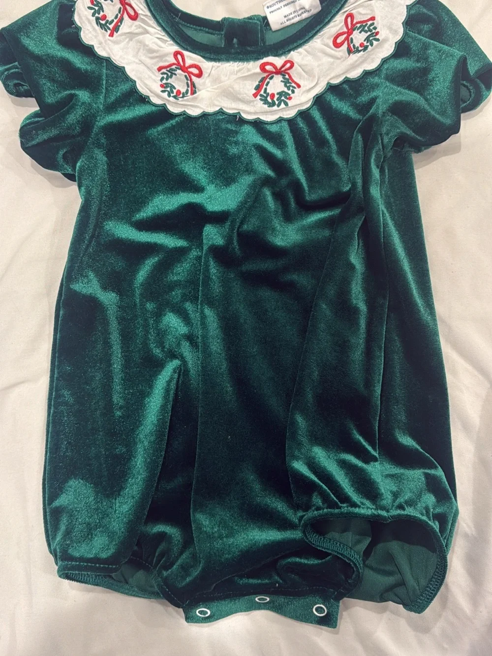 Emerald Velvet Holiday Baby One-Piece with White Embroidered Collar